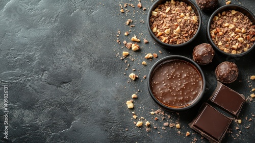 Dark chocolate treats, nuts, and sauces