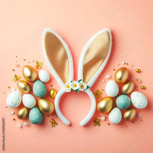 Chic Easter-themed flat lay with bunny ears, pastel and golden eggs, decorative greenery, and floral accents arranged on a soft pink background for a festive spring vibe