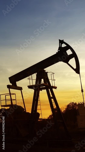 many working oil pumps silhouette against sunset. Vertical video