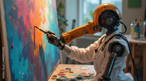 Robotic artist painting colorful canvas indoors