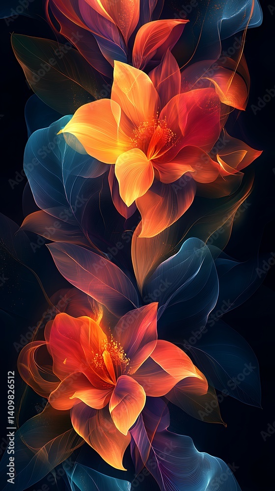 Obraz premium Glowing Floral Phone Wallpaper Orange & Red Flowers with Flowing Blue Leaves on Dark Background | HD Vertical Mobile Wallpaper