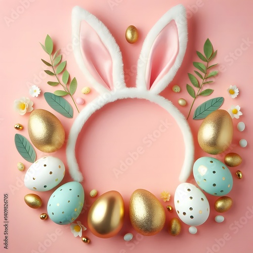 Chic Easter-themed flat lay with bunny ears, pastel and golden eggs, decorative greenery, and floral accents arranged on a soft pink background for a festive spring vibe