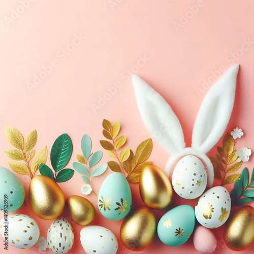 Chic Easter-themed flat lay with bunny ears, pastel and golden eggs, decorative greenery, and floral accents arranged on a soft pink background for a festive spring vibe