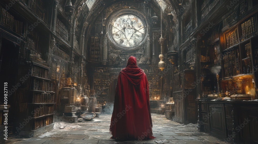 Person in red cloak stands in a large library with high shelves. Person in red cloak stands in a large library with high shelves.