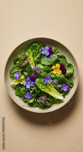 Obraz na płótnie Fresh spring salad with edible flowers and leafy greens in a ceramic bowl w salonie