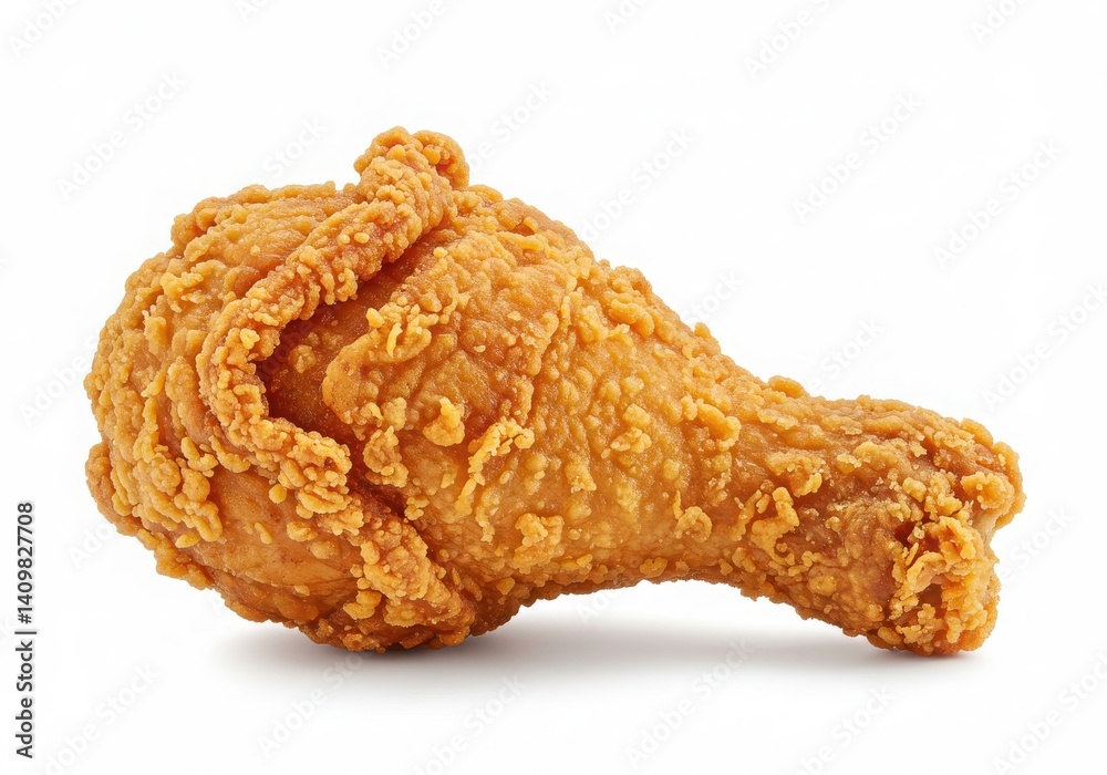 A crispy fried chicken drumstick on a white background showing the texture and golden brown color well A crispy fried chicken drumstick on a white background showing the texture and golden brown color well