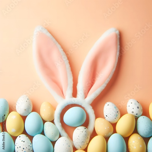 Stylish Easter flat lay with bunny ears and pastel, gold, and speckled eggs arranged on soft peach and pink backgrounds, accented with flowers, leaves, and festive decor