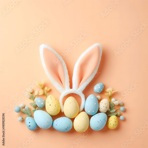 Stylish Easter flat lay with bunny ears and pastel, gold, and speckled eggs arranged on soft peach and pink backgrounds, accented with flowers, leaves, and festive decor
