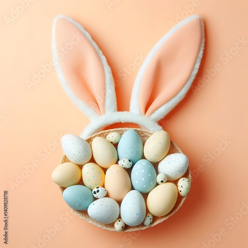 Stylish Easter flat lay with bunny ears and pastel, gold, and speckled eggs arranged on soft peach and pink backgrounds, accented with flowers, leaves, and festive decor
