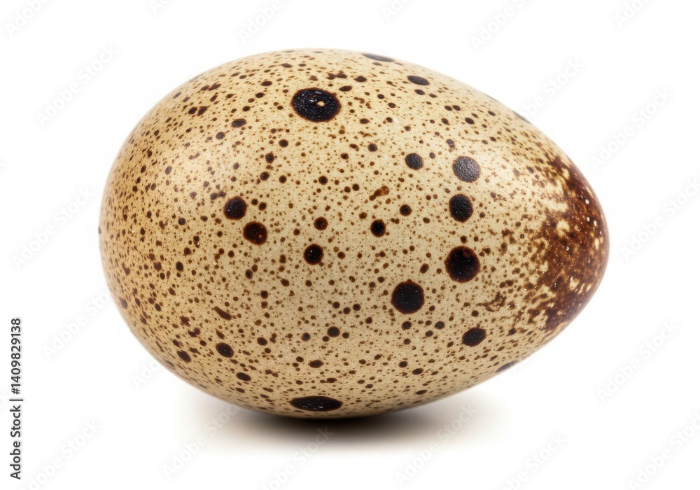 Close up of a single speckled quail egg with brown and black spots on a white background surface