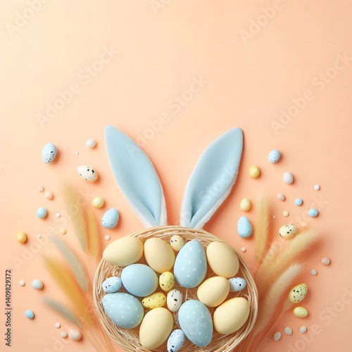 Stylish Easter flat lay with bunny ears and pastel, gold, and speckled eggs arranged on soft peach and pink backgrounds, accented with flowers, leaves, and festive decor