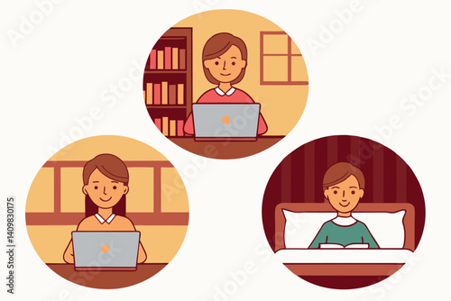 People engaged in various activities at home with laptops and books during evening hours