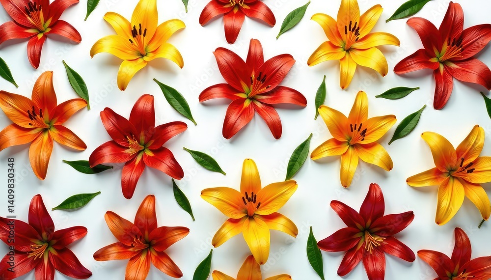 Fototapeta premium Bold, stylized lilies arranged in a repeating square grid , texture, summer
