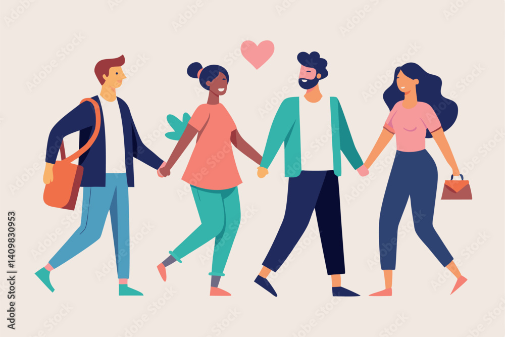 Friends enjoying a joyful moment while holding hands in a lighthearted urban setting on a sunny day Friends enjoying a joyful moment while holding hands in a lighthearted urban setting on a sunny day