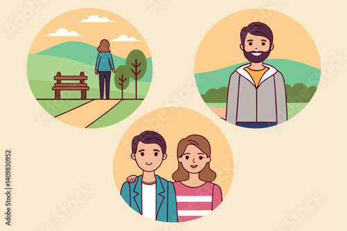 Couple enjoying a pleasant walk in nature while a lone figure strolls on a path through peaceful scenery