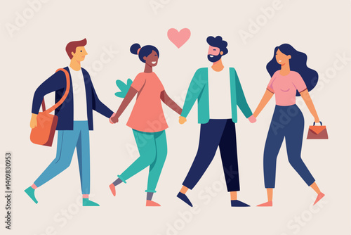 Friends enjoying a joyful moment while holding hands in a lighthearted urban setting on a sunny day