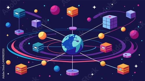 A neverending network of data highways connecting data galaxies each representing a different aspect of our digital world.. Vector illustration