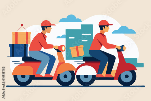 Delivery riders transport packages on scooters through an urban landscape in sunny weather