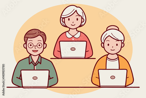 Group of three individuals engaged in teamwork using laptops in a bright and cheerful workspace setting