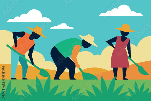 Farmers working together in a vibrant landscape under clear skies during midday