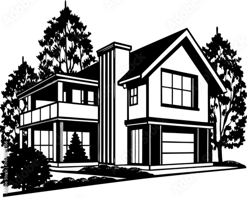 A modern suburban home with crisp lines and broad windows.



