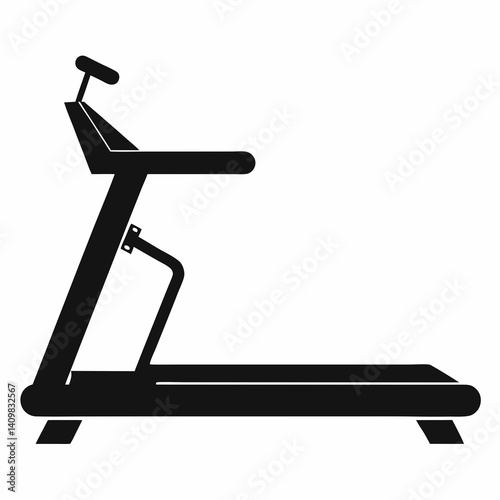 "Black silhouette of a treadmill, featuring an inclined running platform, handlebars, and digital display, isolated on a white background."
