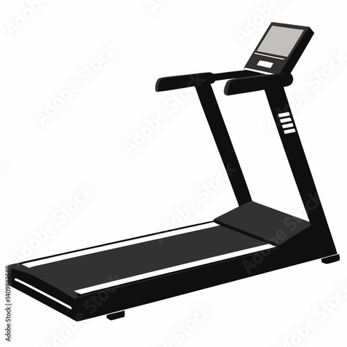 "Black silhouette of a treadmill, featuring an inclined running platform, handlebars, and digital display, isolated on a white background."