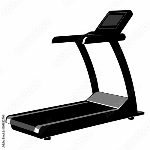 "Black silhouette of a treadmill, featuring an inclined running platform, handlebars, and digital display, isolated on a white background."
