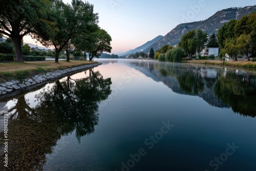 A serene lake at dawn reflects nearby mountains and trees, creating a picturesque landscape that evokes tranquility and natural beauty with soft colors and calm water.