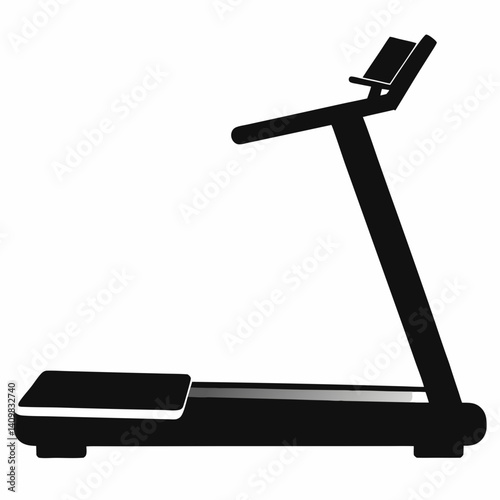 "Black silhouette of a treadmill, featuring an inclined running platform, handlebars, and digital display, isolated on a white background."