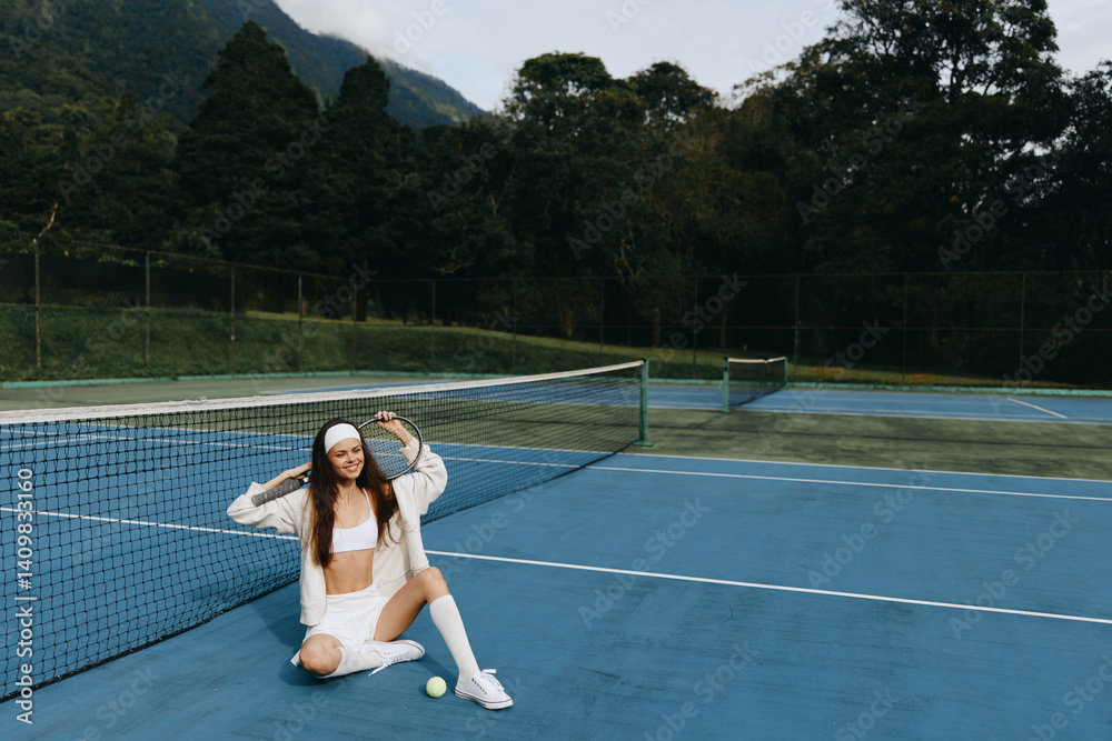 Obraz premium Young athletic woman in white sportswear sitting on a tennis court, showing confidence with a joyful expression, surrounded by greenery and blue tones, summer vibes