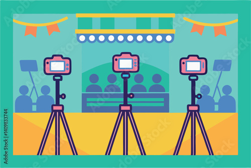 Cameras are set up on tripods for a live event with an audience waiting in anticipation at a stage decorated with banners