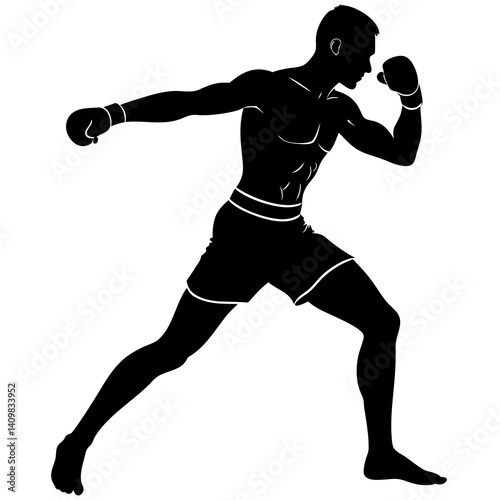 "A bold black silhouette vector of a male boxer in a forward punching stance, legs apart for balance, muscular build, wearing boxing gloves and shorts, side profile view, minimal detail with clean lin