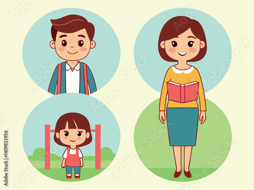 Group of cartoon characters showcasing different roles in a playful environment for educational purposes