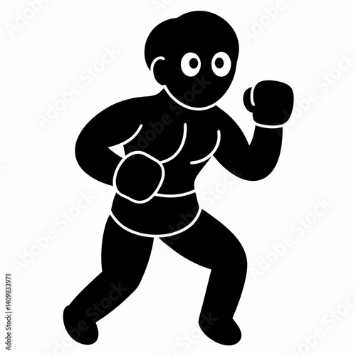 "A bold black silhouette vector of a male boxer in a forward punching stance, legs apart for balance, muscular build, wearing boxing gloves and shorts, side profile view, minimal detail with clean lin