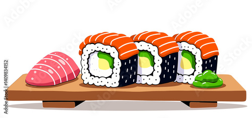 Sushi platter icon with colorful rolls and wasabi, vector art style, minimalist representation for food blogs and culinary presentations