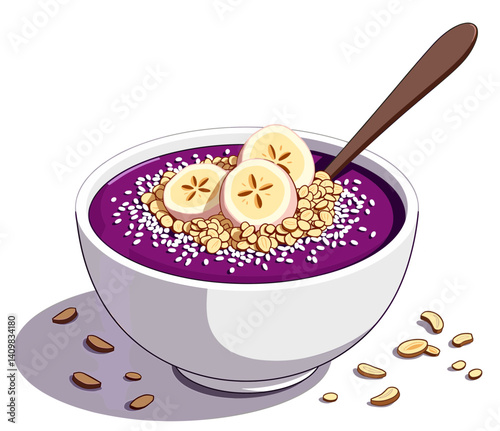 Minimalist line art icon of acai smoothie bowl topped with bananas and granola isolated on white background, suitable for blogs, websites, and health-focused presentations