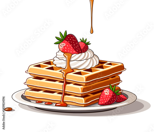 Waffles stacked high with whipped cream and strawberries, drizzled in syrup, isolated icon for food illustration