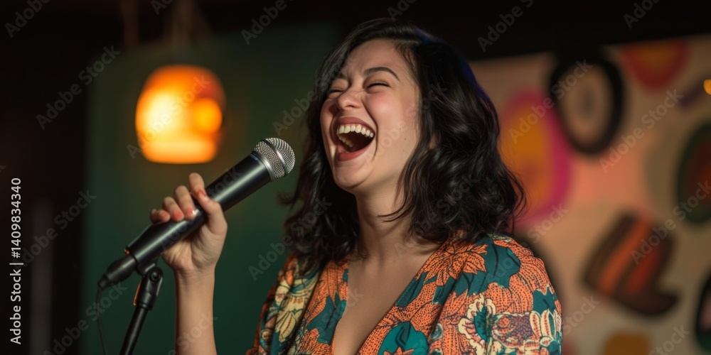 A woman joyfully singing into a microphone at a vibrant venue. The scene captures her lively spirit and passion for music. Perfect for showcases and album covers. AI