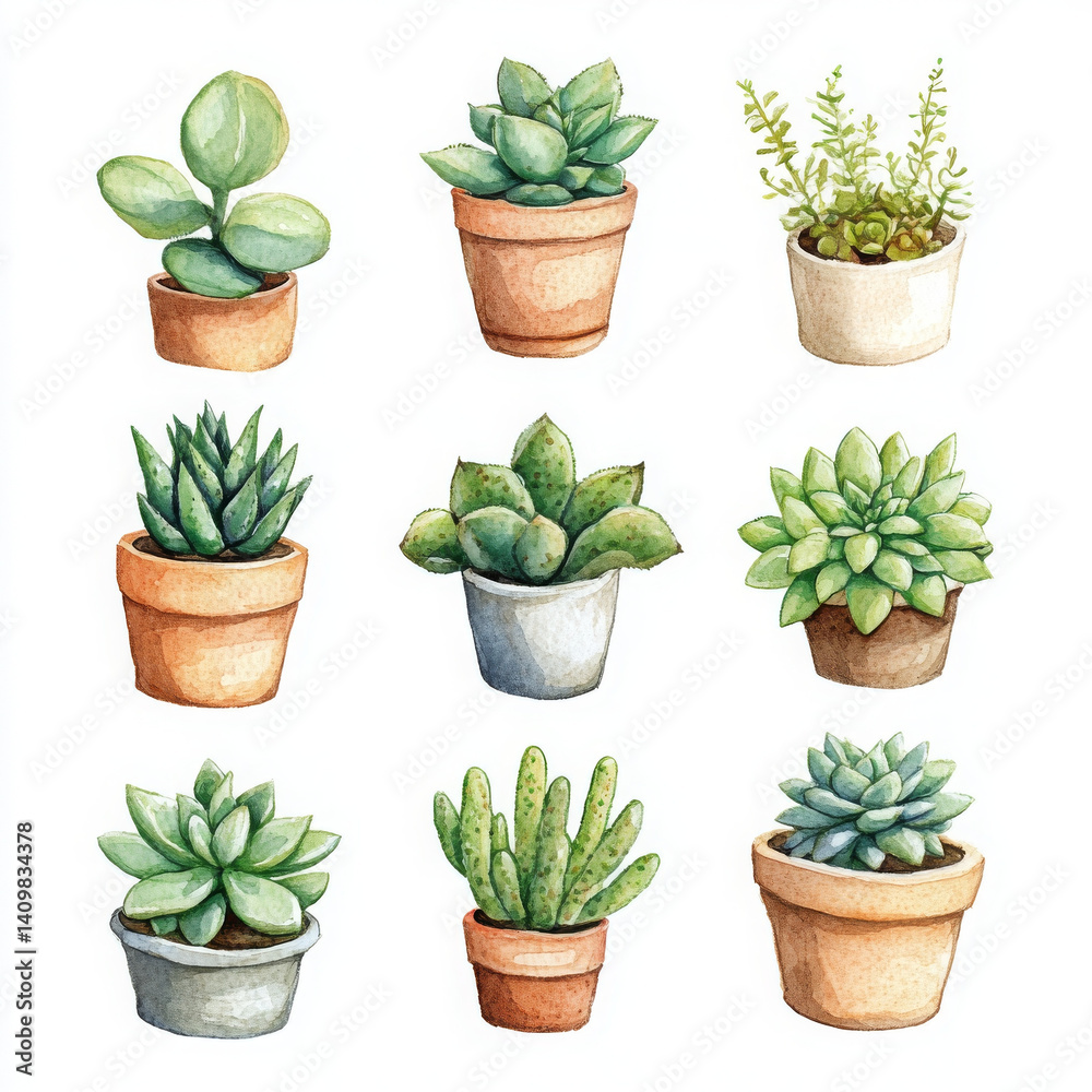 Fototapeta premium Charming potted succulents, rendered in realistic, boho watercolor style