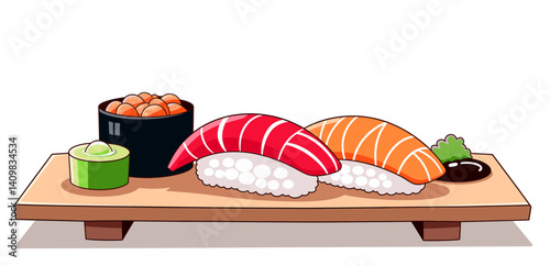 Sushi icon isolated with salmons and tuna on wooden board, perfect for culinary blogs and menus