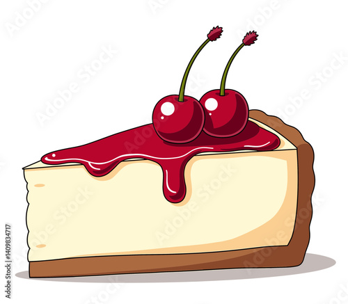 Icon of creamy cheesecake slice topped with cherry compote on isolated white background, perfect for food blogs and culinary presentations