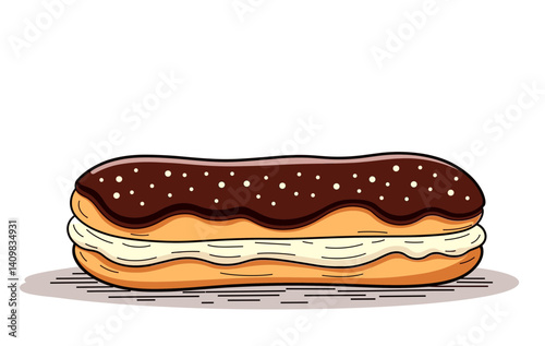 French éclair icon with glossy chocolate glaze isolated on white background, ideal for food blogs and culinary art presentations