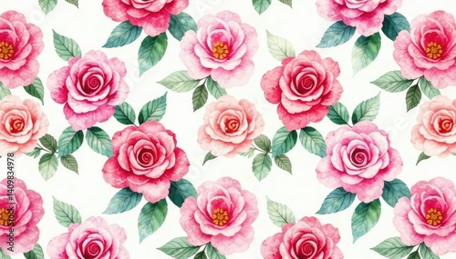 Delicate watercolor roses repeat in a soft, romantic pattern , soft, floral design
