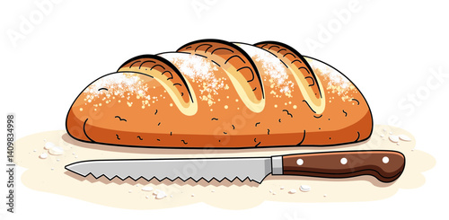 Sourdough icon, freshly baked loaf, sliced with serrated knife, on isolated white background, suitable for blogs, websites, recipe cards, culinary education, and bakery promotions