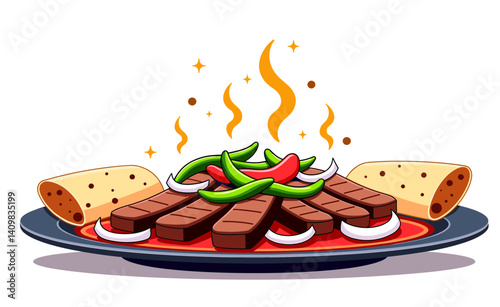 Icon of sizzling fajita platter with grilled steak and vegetables, isolated on white background, suitable for blogs and recipe websites
