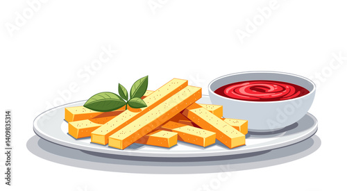 Icon of golden polenta fries with marinara sauce on isolated white background, suitable for blogs, websites, clip art, and educational content about Italian cuisine