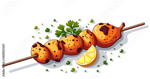 Tandoori chicken skewer icon garnished with cilantro and lemon isolated on white background, perfect for blogs, websites, and culinary presentations