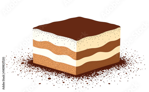 Minimalist tiramisu dessert slice isolated, elegant layers of coffee and mascarpone, ideal for food blogs and culinary design