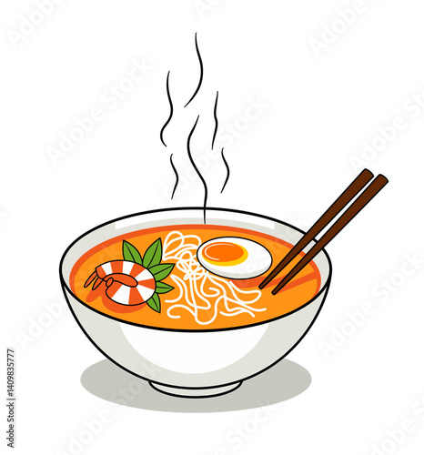 Icon of steaming laksa bowl with shrimp and egg in coconut curry, vector art style, isolated for culinary blogs and recipe websites
